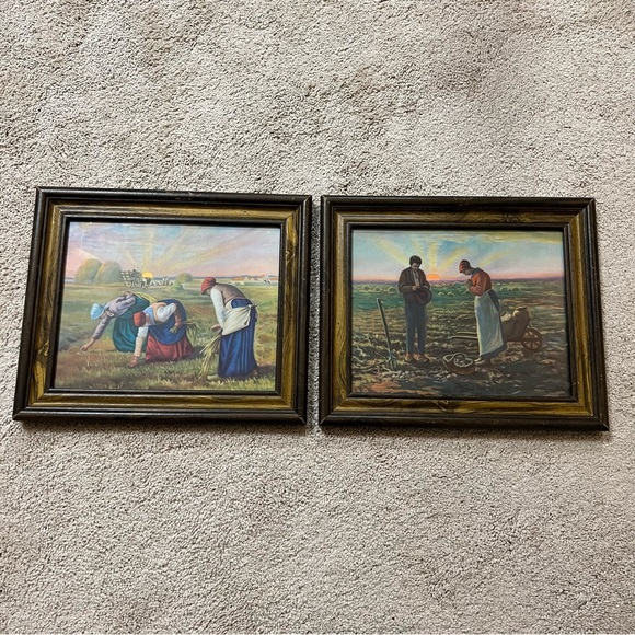 Vintage Jean-Francois Millet Wooden Framed Painting 12.5”L x 10.5”H Set of 2